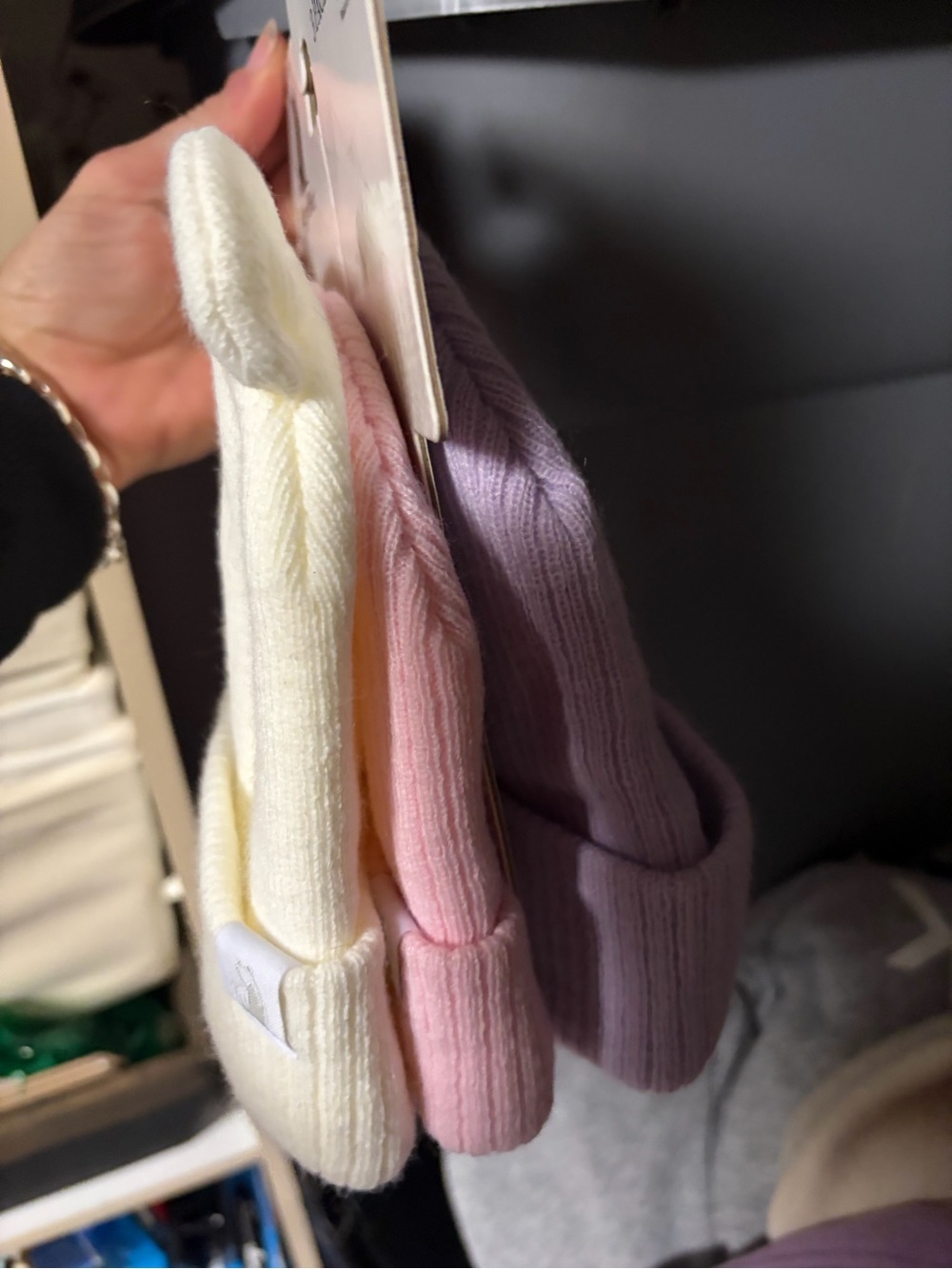 Kids Rib Knit Beanie Trio - Cream, Pink & Lavender
